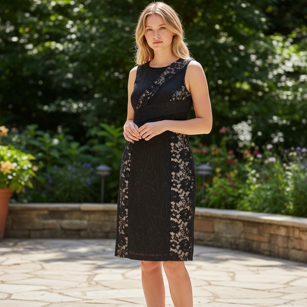 ANNARITA N sheath dress women 44 black lace panel sleeveless cocktail evening
